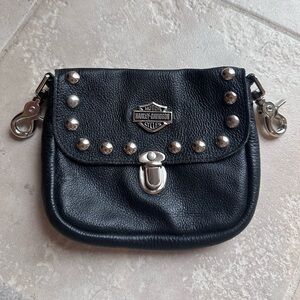 HD Harley Davidson 7”x6” Black Studded Leather Zipper Hip Bag Purse Belt Bag